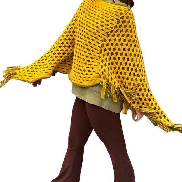 Boho Diamond Pattern Lagenlook Poncho Shawl - OS - Yellow, Green - Picture 3 of 16